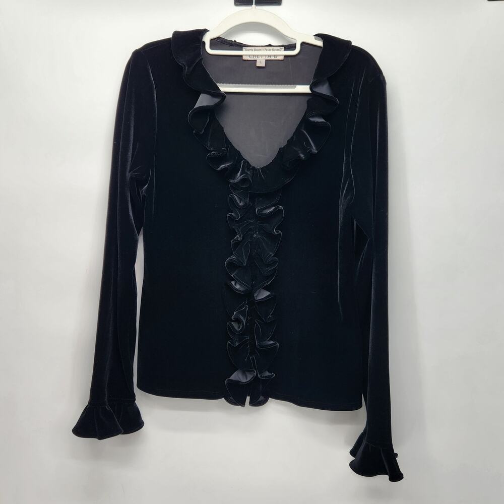 VTG. Chetta B Black Velvet 90's Goth Goblin Glam Witchy Ruffled Blouse Women's L - Picture 1 of 7